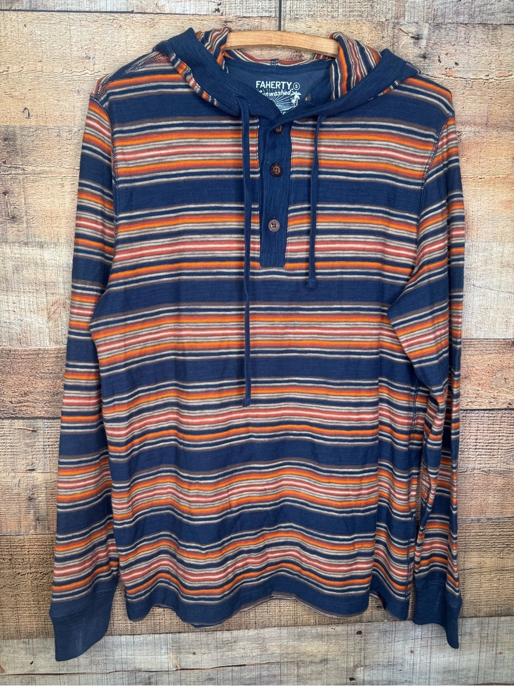 Faherty Sunwashed Hoodie Men's S Striped 100% Organic Cotton Pullover